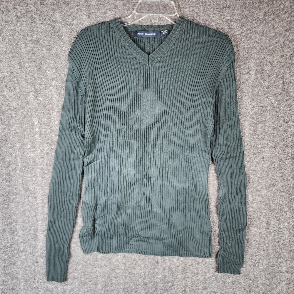 French Connection Sweater Womens Green Ribbed V-Neck Long Sleeve Cotton EUC